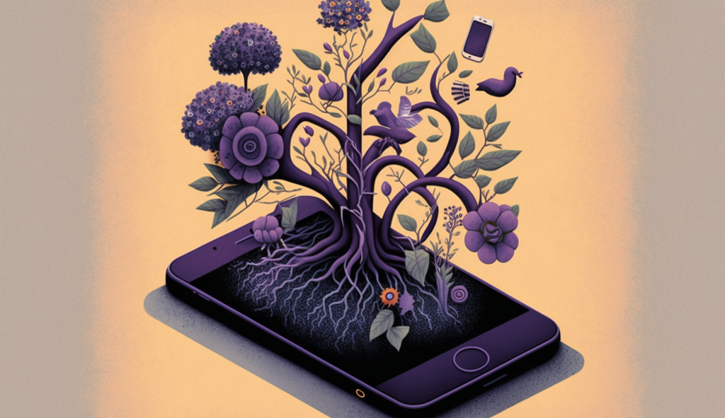 Eine violette Grafik mit einem Muster in der Mitte, in dem ein Handymodell mit einem Baum in der Mitte abgebildet ist, der die verschiedenen Links einer Micropage simuliert