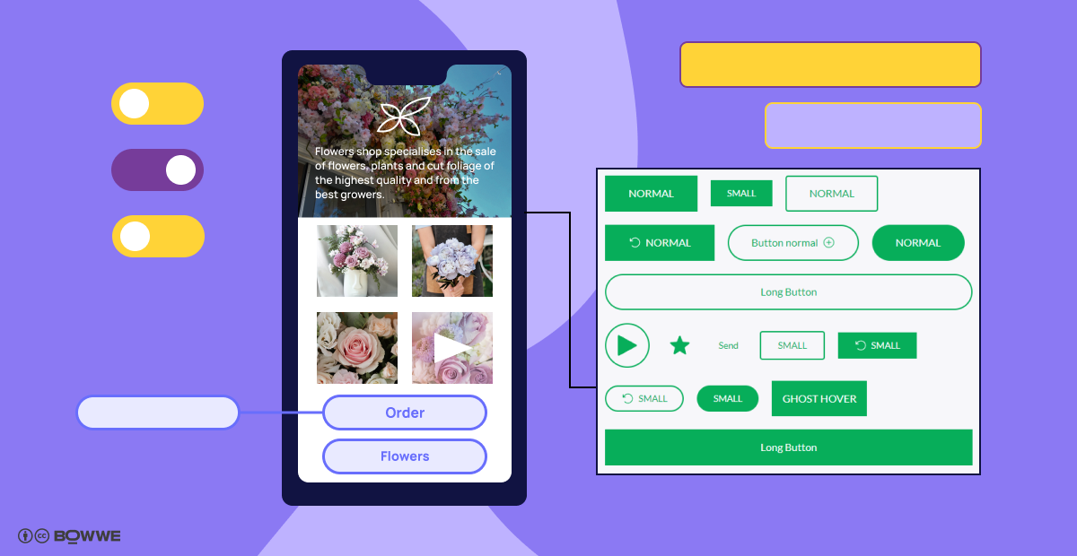 Violet graphics with a mockup of a cell with a microsite template in the middle, from which a light purple rectangle emerges with various types of CTA buttons
