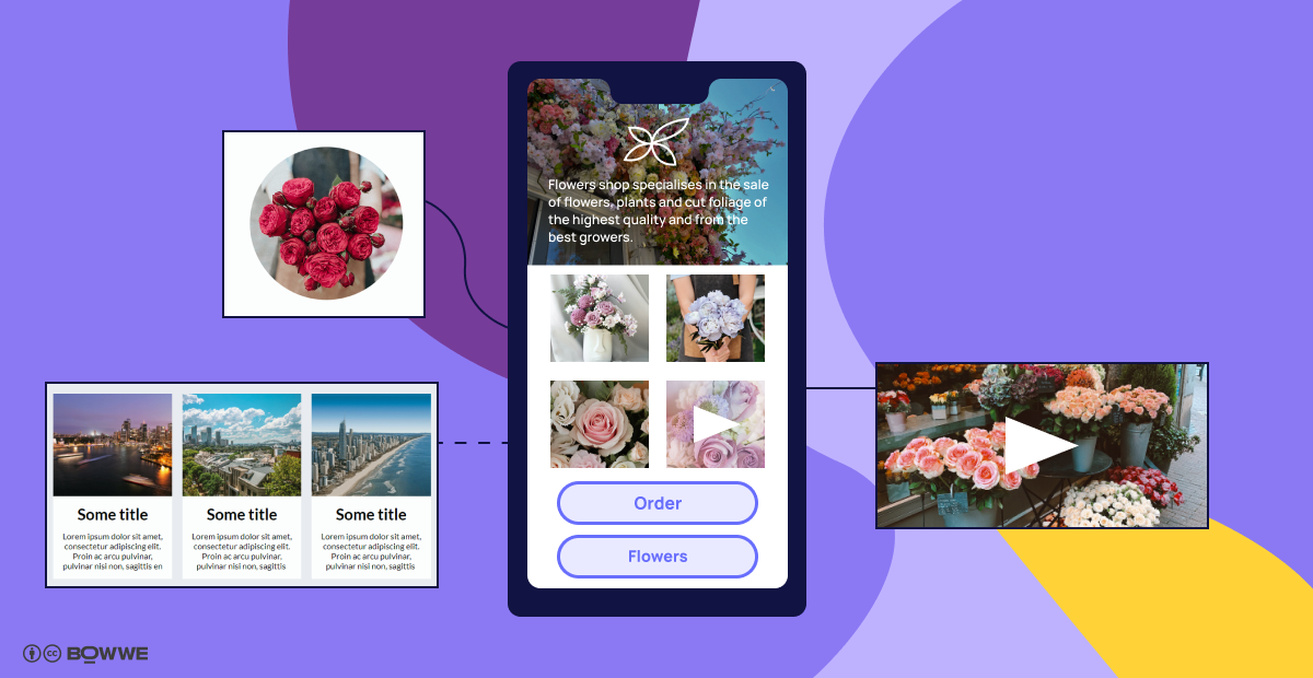 Purple graphics with a cell mockup in the middle with a microsite template overlaid by images