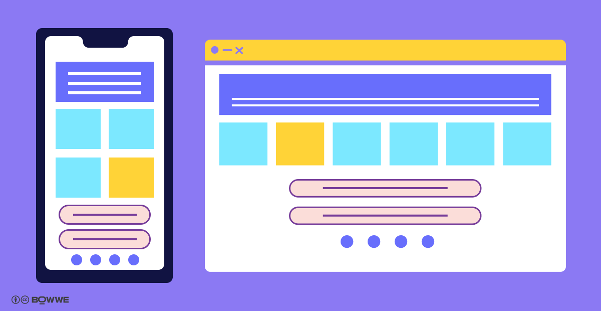 Purple graphics with a cell and browser window mockup with a microsite template