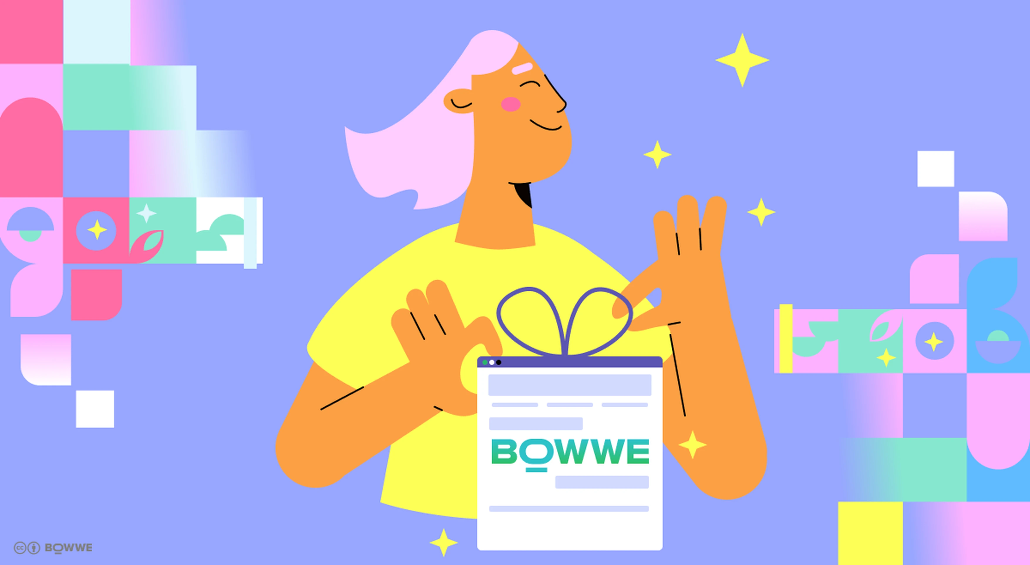 A girl with pink hair wearing a yellow T-shirt holding a gift with the BOWWE logo in front of her. 