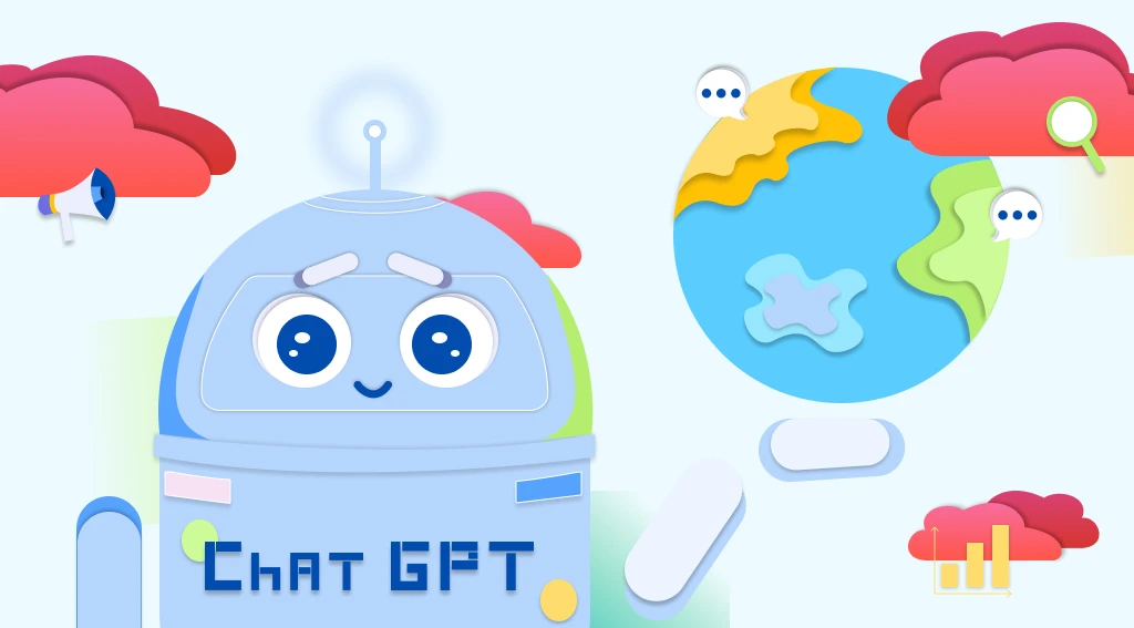 A robot with the word "GPT" on its belly. In the background you can see colorful clouds and earth. 