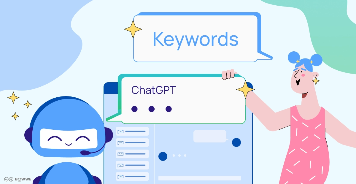 Un robot con un globo en el que hay tres puntos y la palabra "ChatGPT" de fondo se puede ver una interfaz de chat, y al otro lado se puede ver a una chica con un vestido con un globo con la palabra "Keywrods".