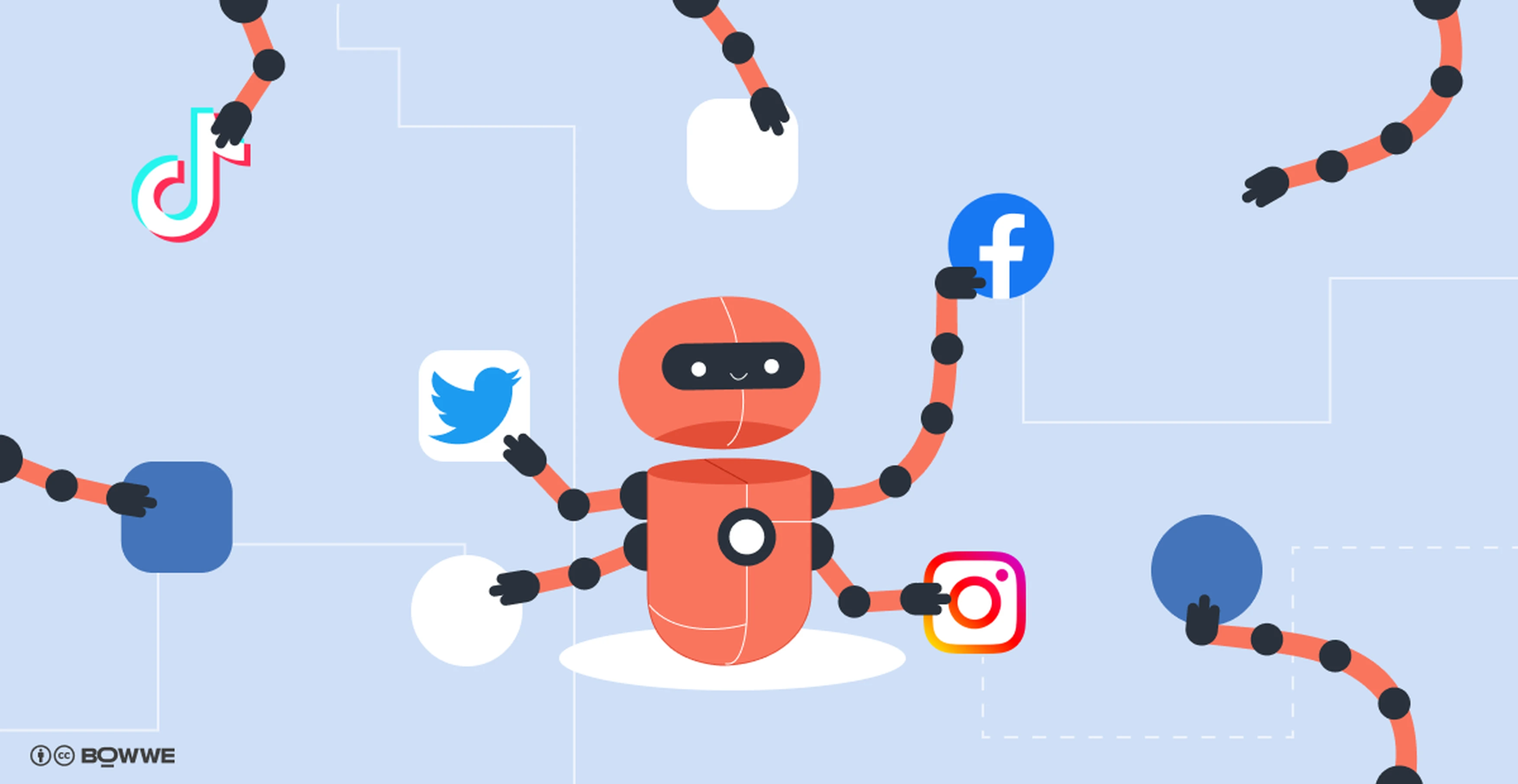 A robot holdong icons of social medias