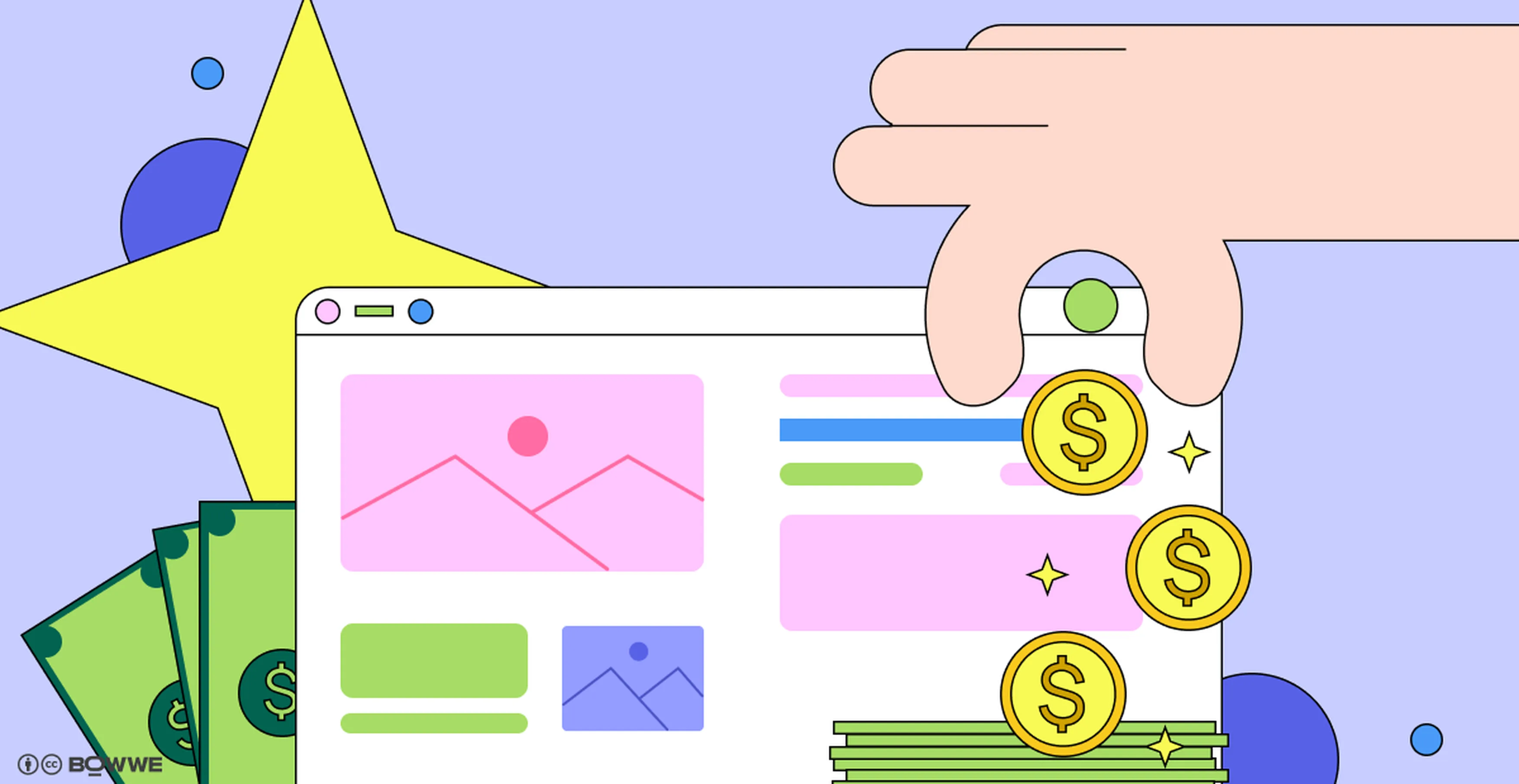 Фиолетовое изображение с рукой и падающими деньгами о странице блога