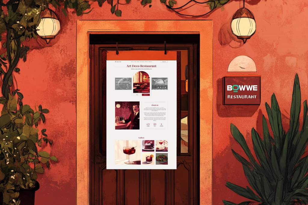 Portes du restaurant avec une affiche de la page de destination du restaurant.