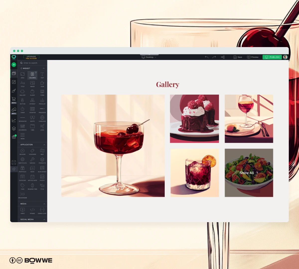 Creation a Gallery section of restaurant landing page in BOWWE Restaurant Landing Page Builder