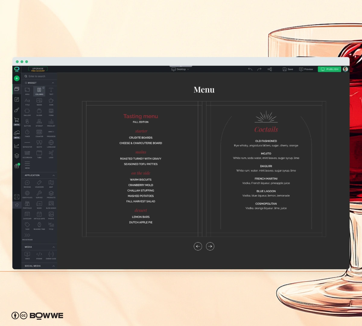 Création d'une section Menu de la page de destination du restaurant dans BOWWE Restaurant Landing Page Builder