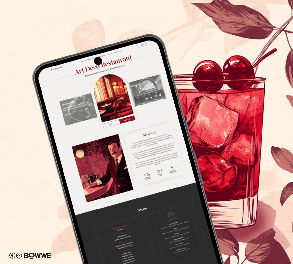 Responsive restaurant landing page on mobile phone made in BOWWE Restaurant Landing Page Builder