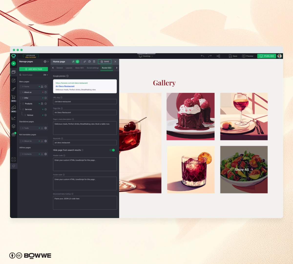 ملء وحدة Rocket SEO في BOWWE Restaurant Landing Page Builder