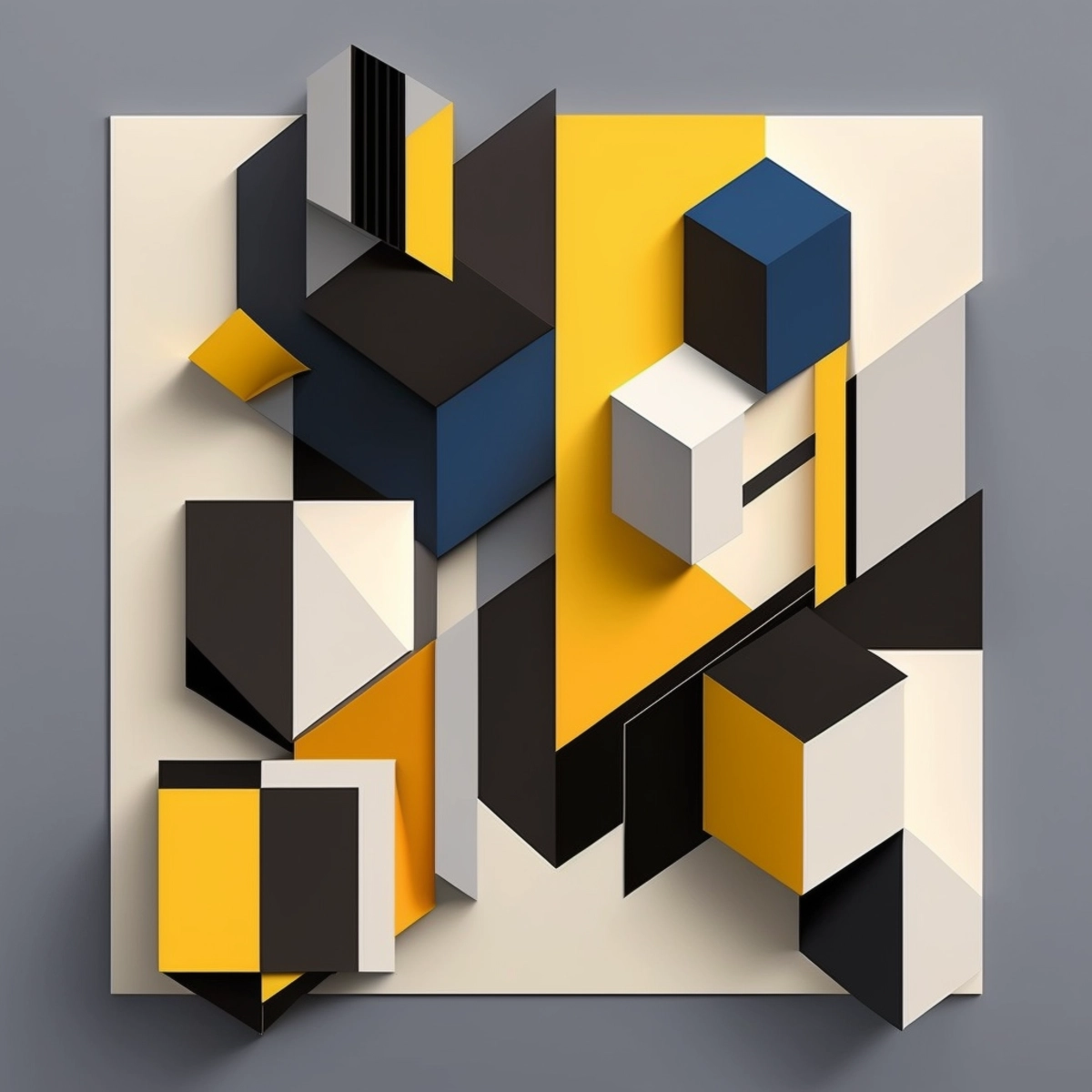 A geometric, minimalist composition with intersecting lines and simple shapes, in a bold, high-contrast color palette