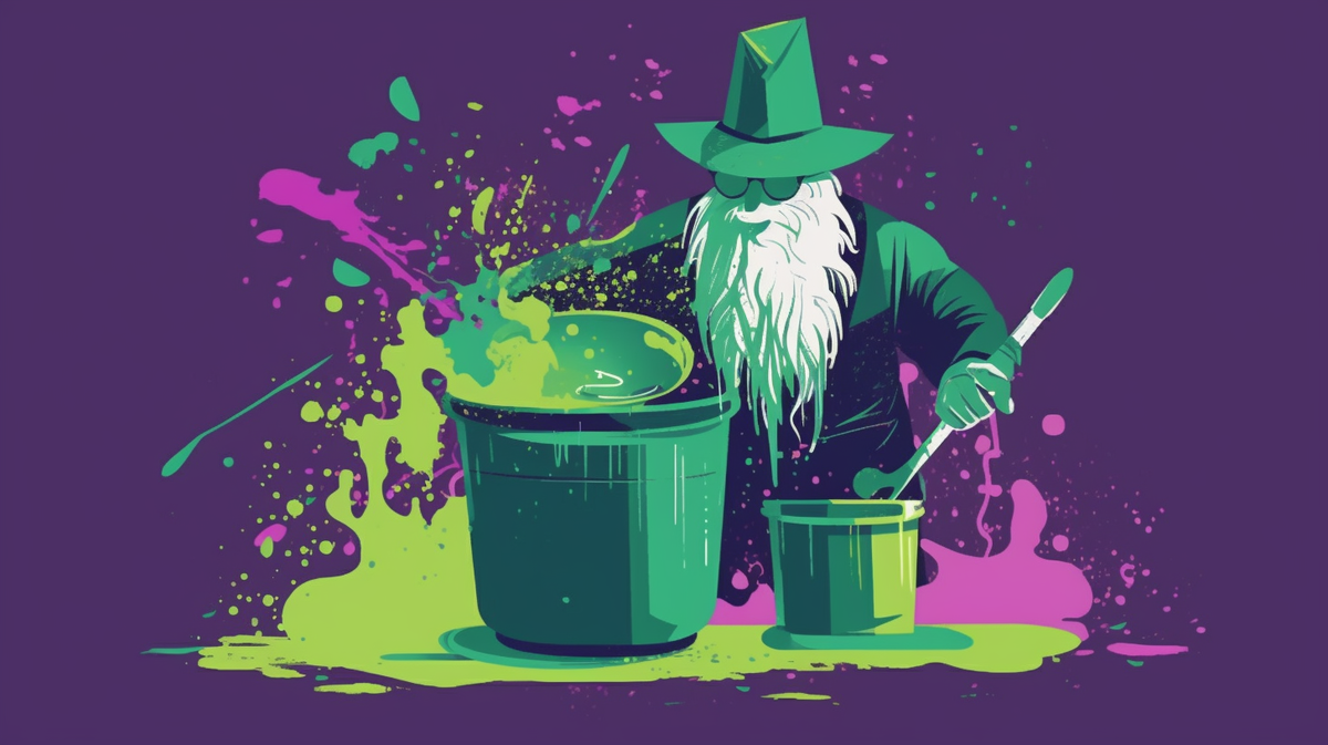 Um mago louco jogando materiais de pintura em um caldeirão