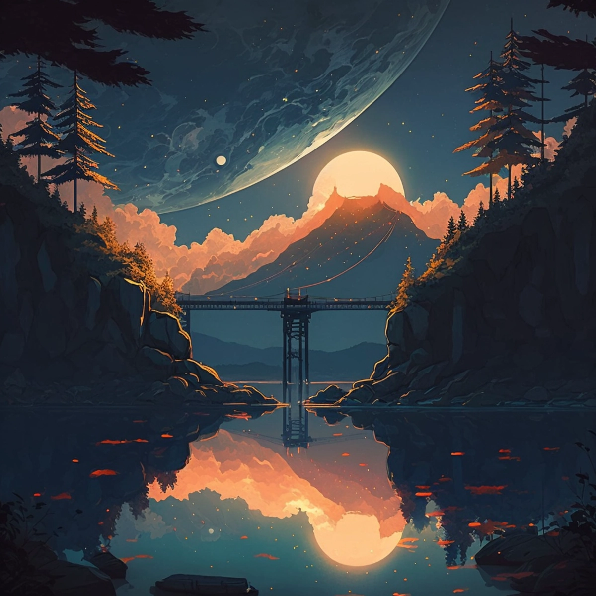 A magical landscape with islands, connected by glowing bridges, and a sky filled with stars