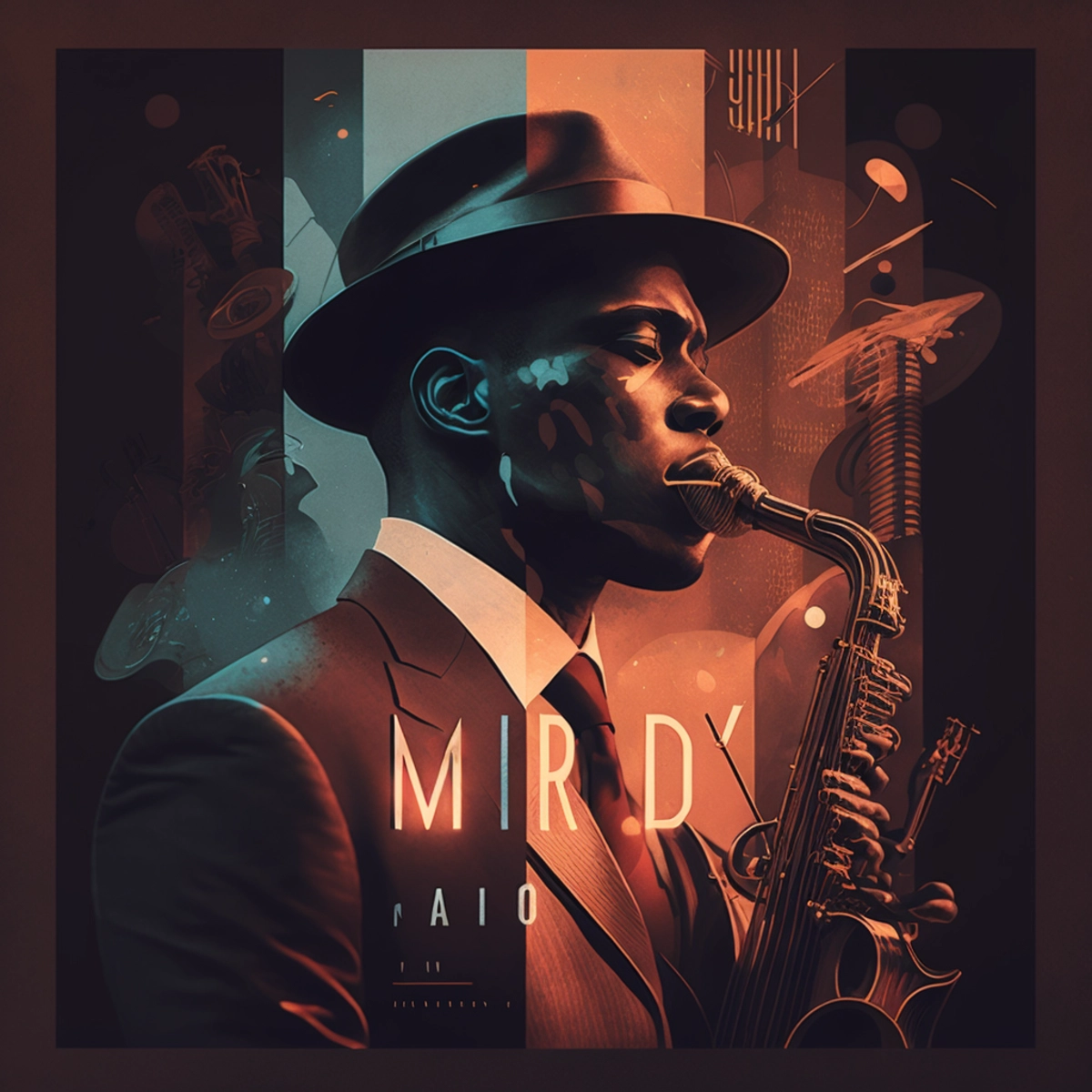 Uma capa de álbum de inspiração vintage com um músico de jazz