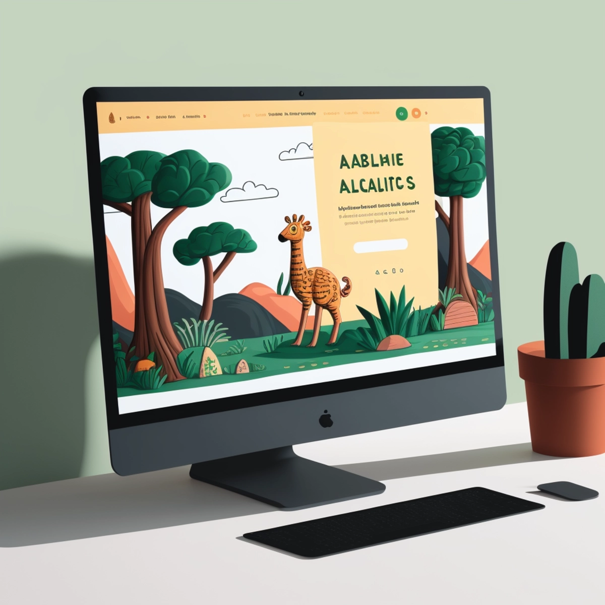 Eine lehrreiche Website auf dem Monitor mit verspielten Illustrationen