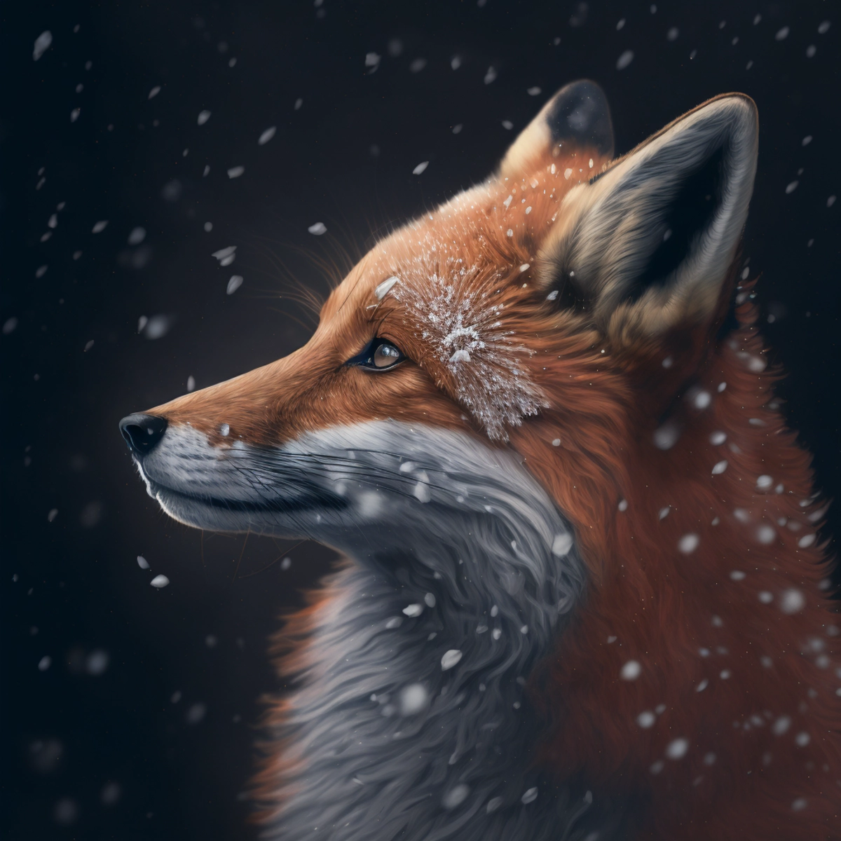 A close-up portrait of a curious fox, with snowflakes resting on its fur