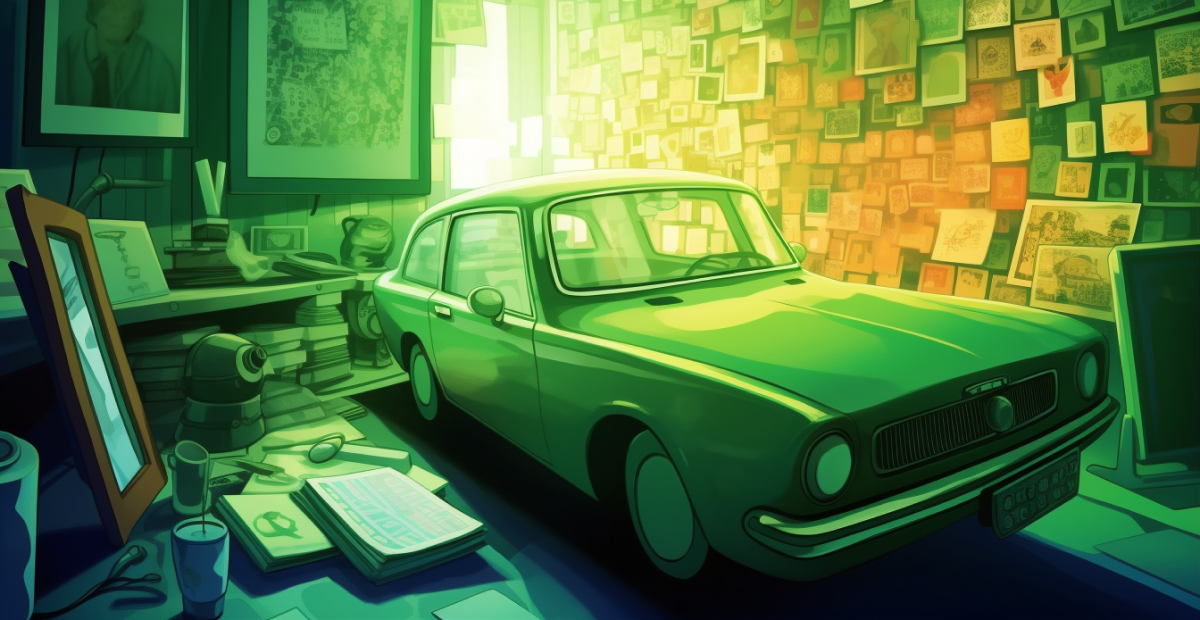 A car in the middle of a room that is filled with artwork 