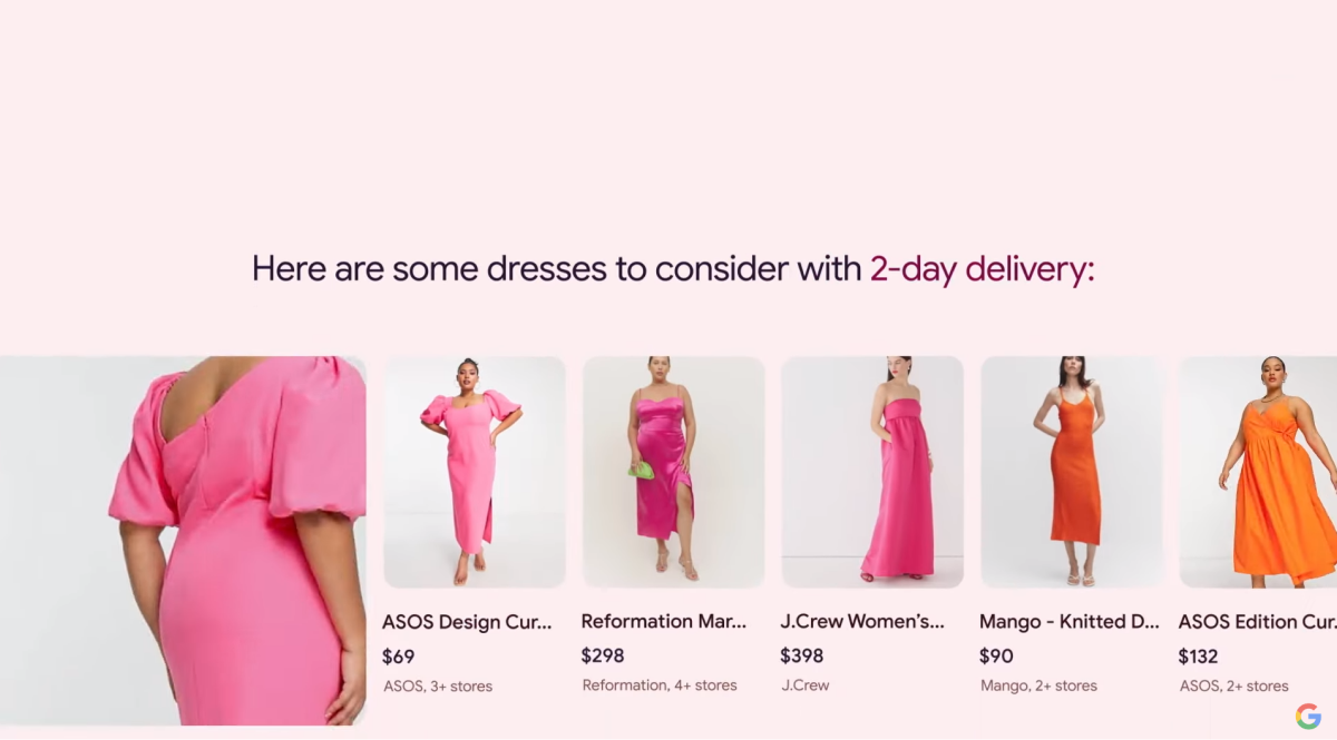 مقتطفات من نتيجة البحث باللون الوردي تظهر الفساتين
