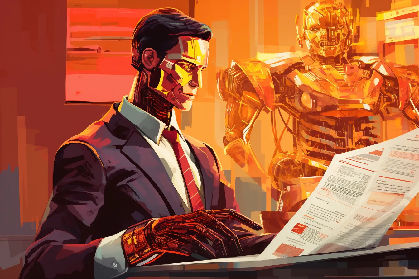 Männer als Roboter, die Dokumente prüfen