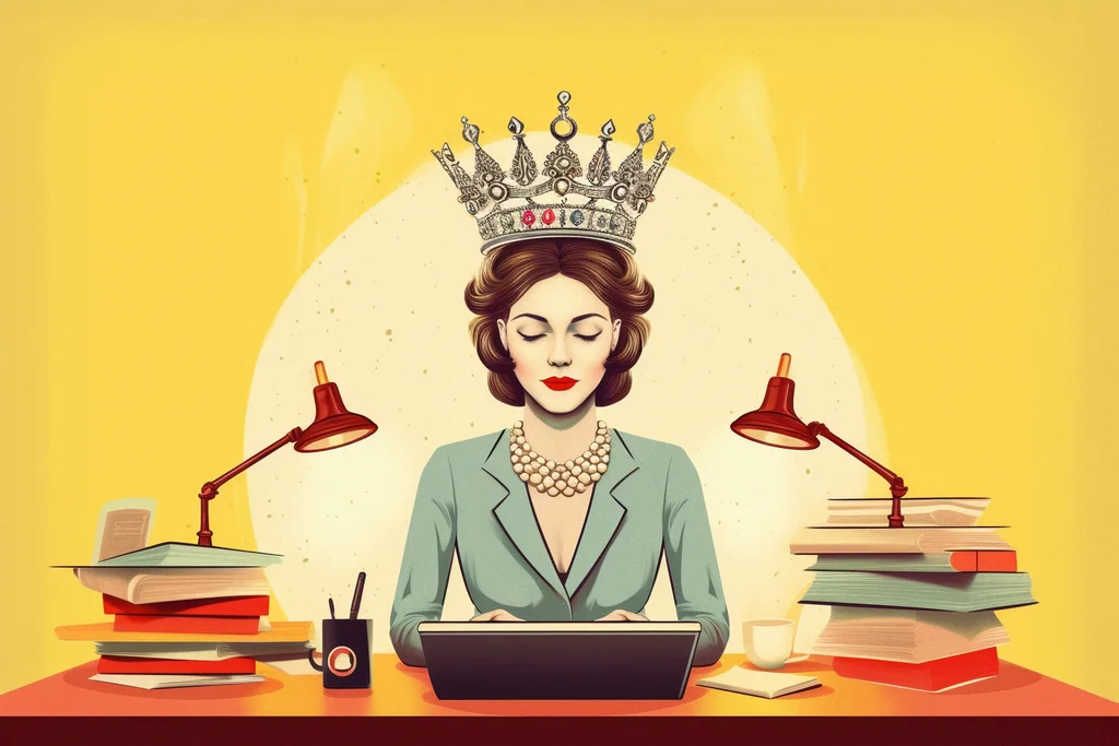Donna con corona che scrive sul portatile