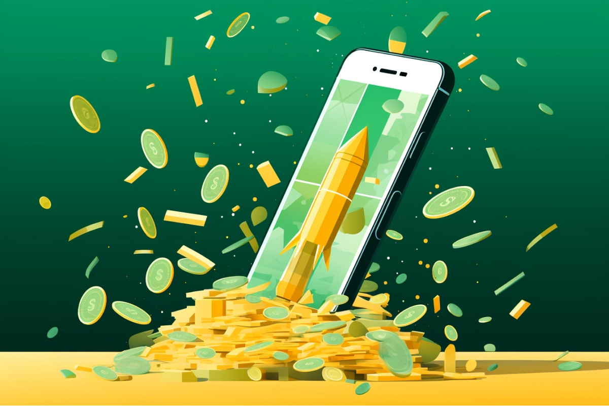 Rocket on mobile phone of mountain from coins