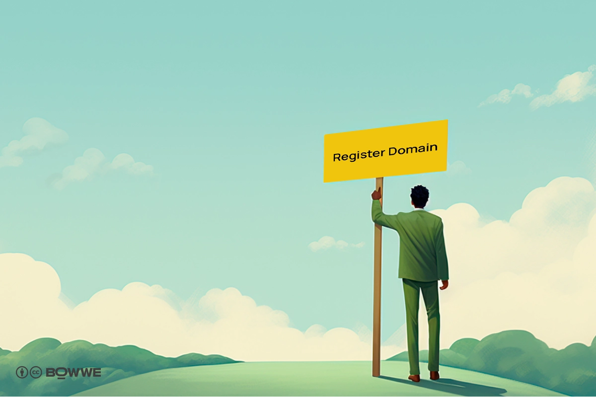 Eine Person steht neben einem Schild mit der Aufschrift „Domain registrieren“