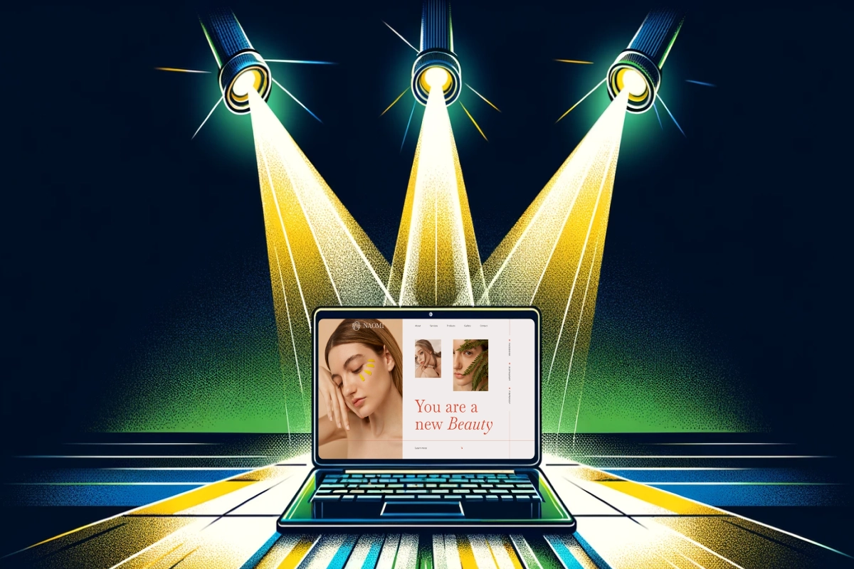 A computer with a beauty salon website with spotlights shining on it