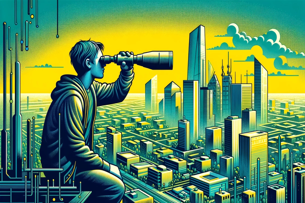 A boy looking at the city through binoculars