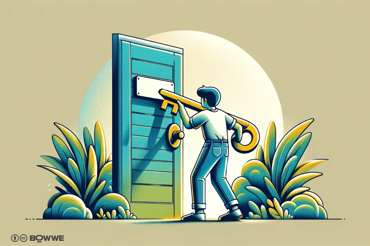 Persona intentando abrir la puerta con una gran llave dorada.