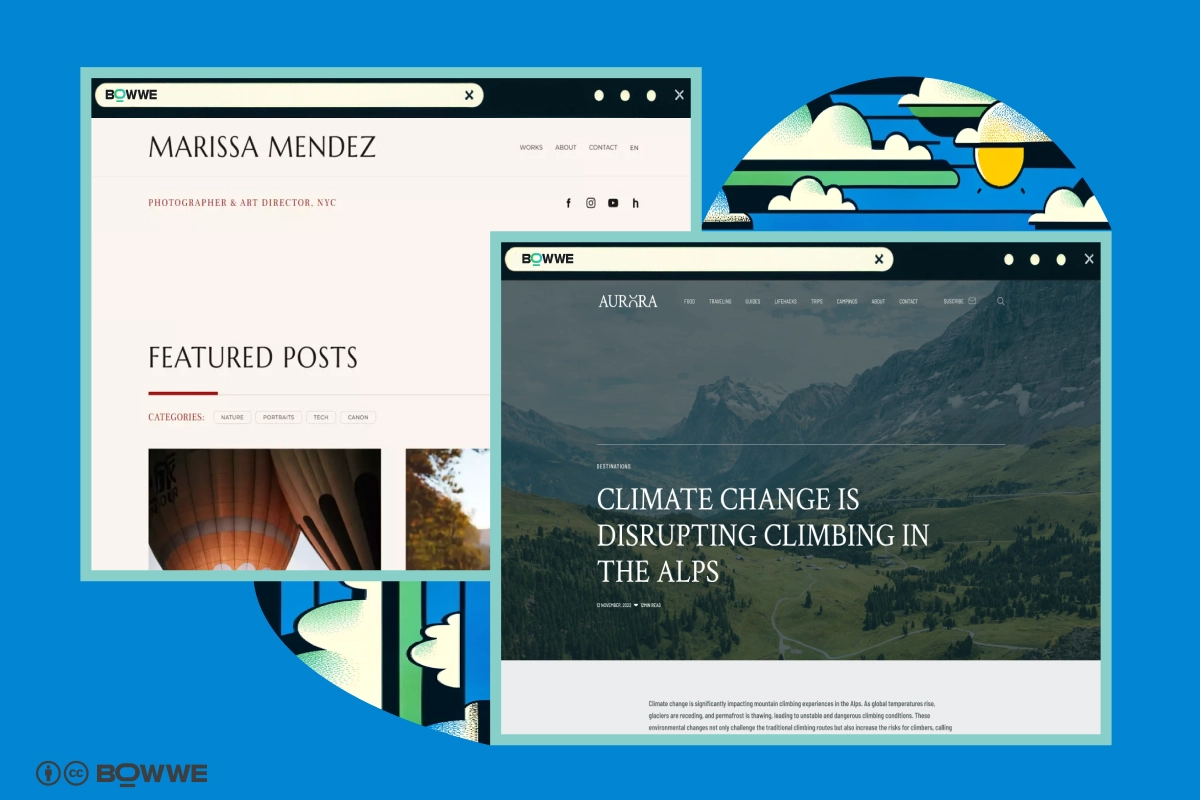Browser mit zwei Fenstern und Seiten mit Blogs