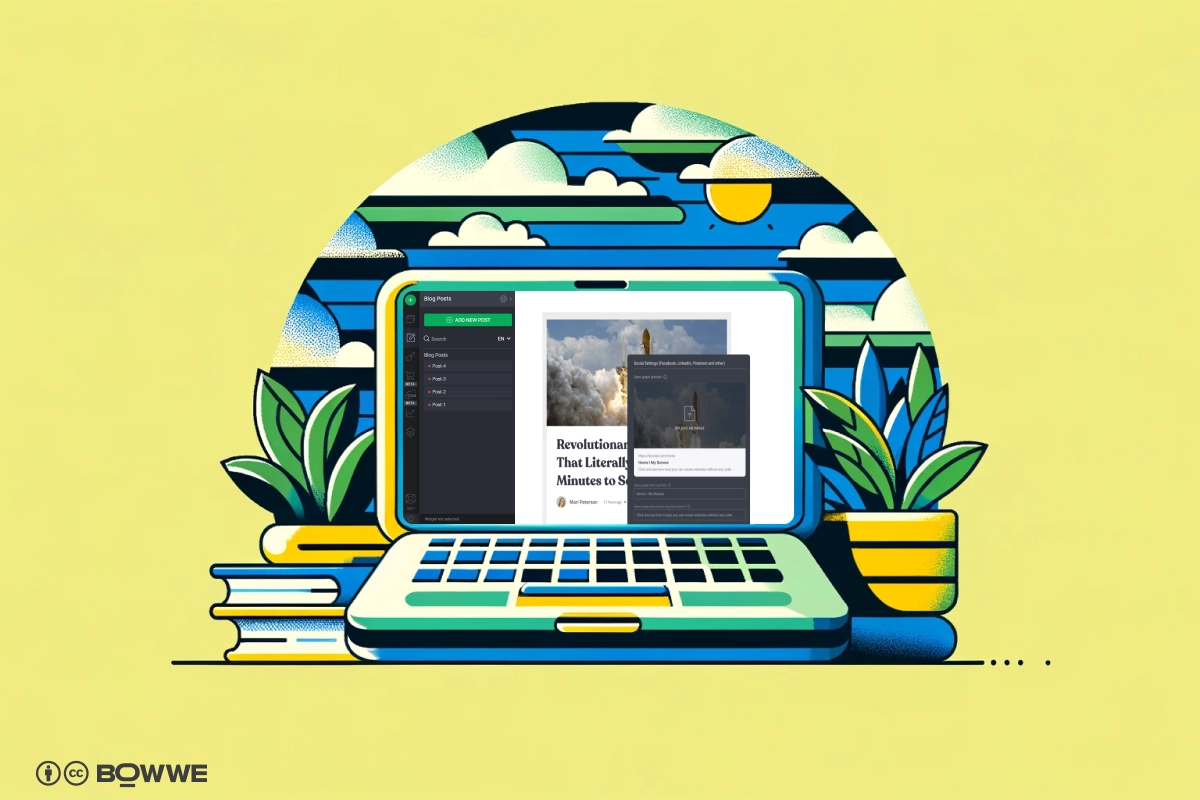 Ноутбук, на экране которого отображается сообщение блога в инструменте ведения блогов BOWWE