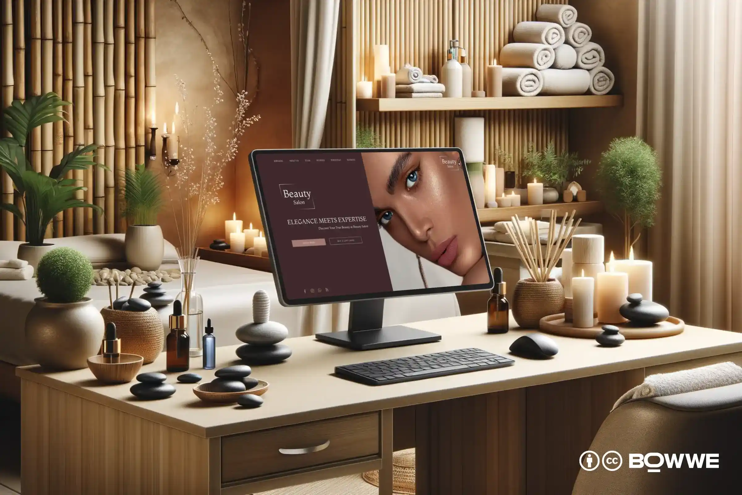 كمبيوتر محمول يقف على المكتب مع ظهور قالب موقع ويب أنيق لصالونات التجميل على الشاشة