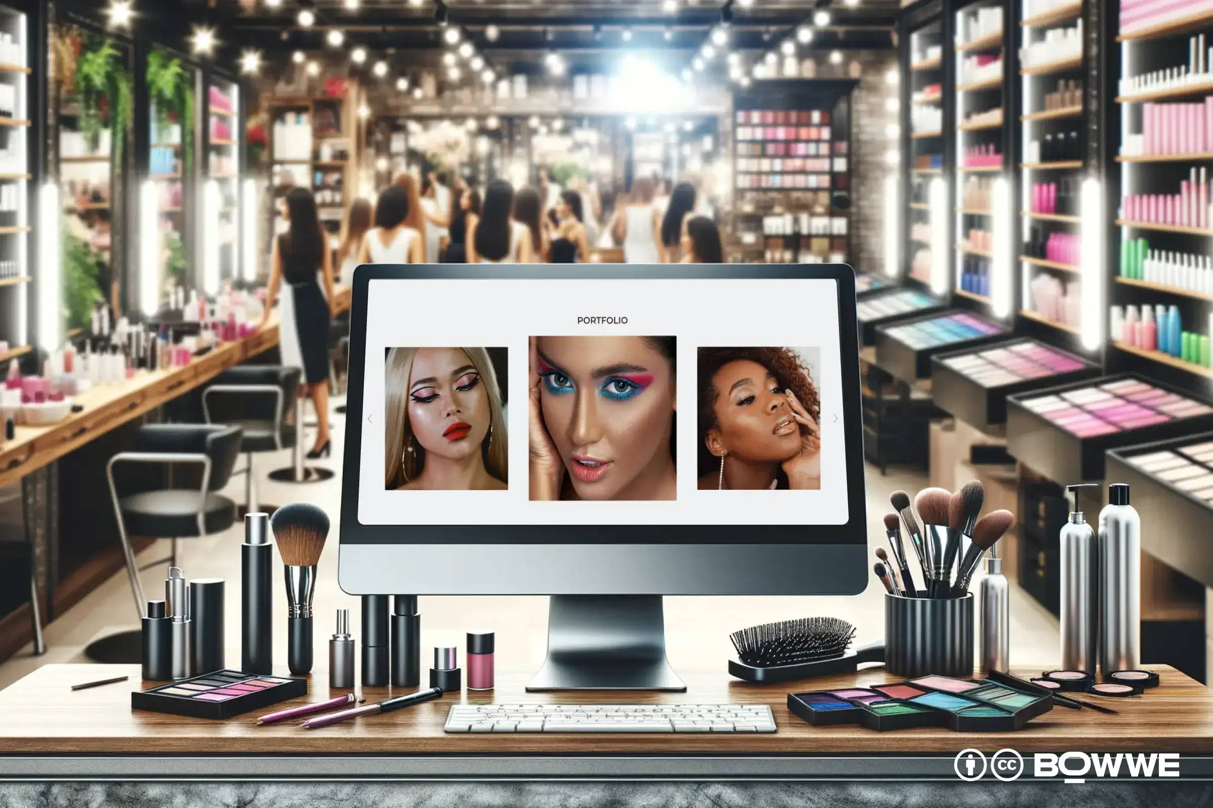 computadora portátil con sección con portafolio que muestra maquillajes en plantilla de sitio web para salón de maquillaje