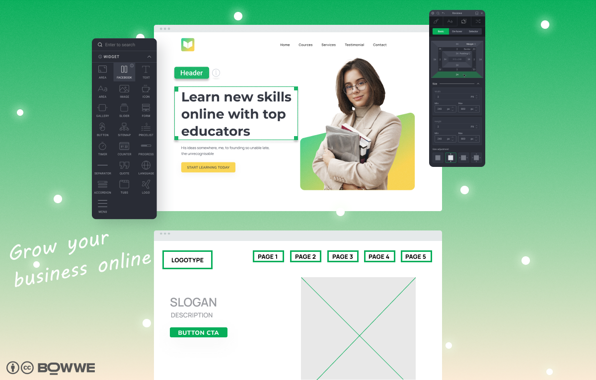 mockup and website with elements of website builder 