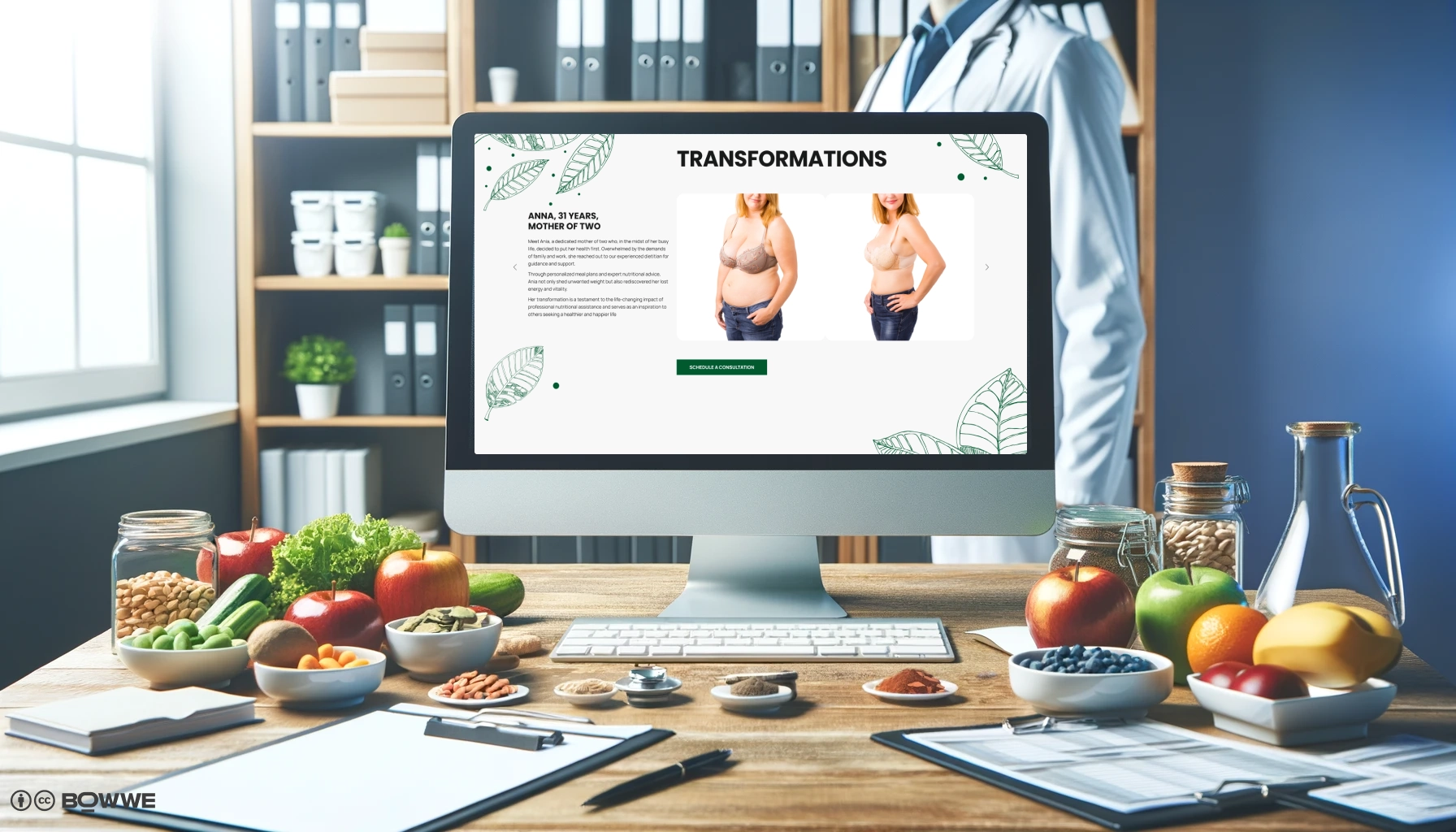 monitor con plantilla de sitio web de dietista con la sección "Transformación"