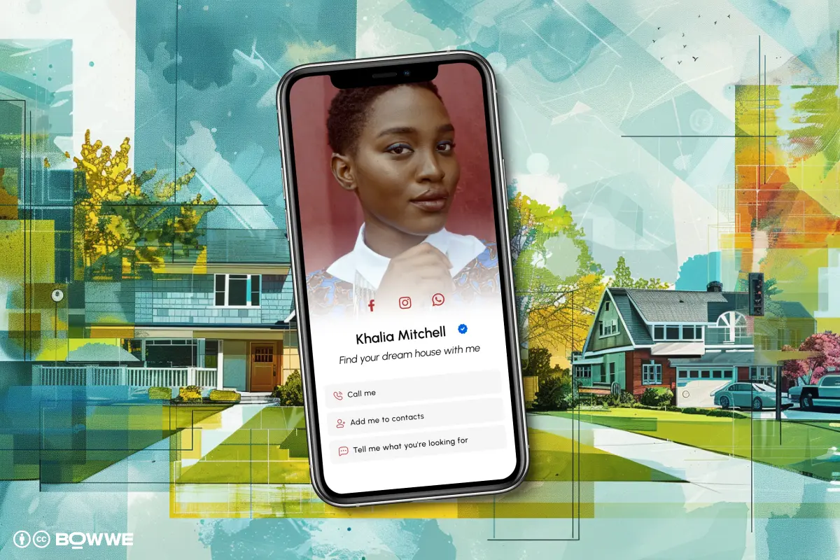 Maquette sur téléphone portable d'une carte de visite numérique d'un agent immobilier par BOWWE