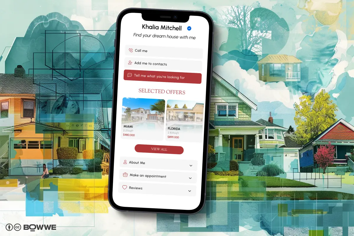 Maquette sur téléphone portable d'une carte de visite numérique d'un agent immobilier avec annonces par BOWWE