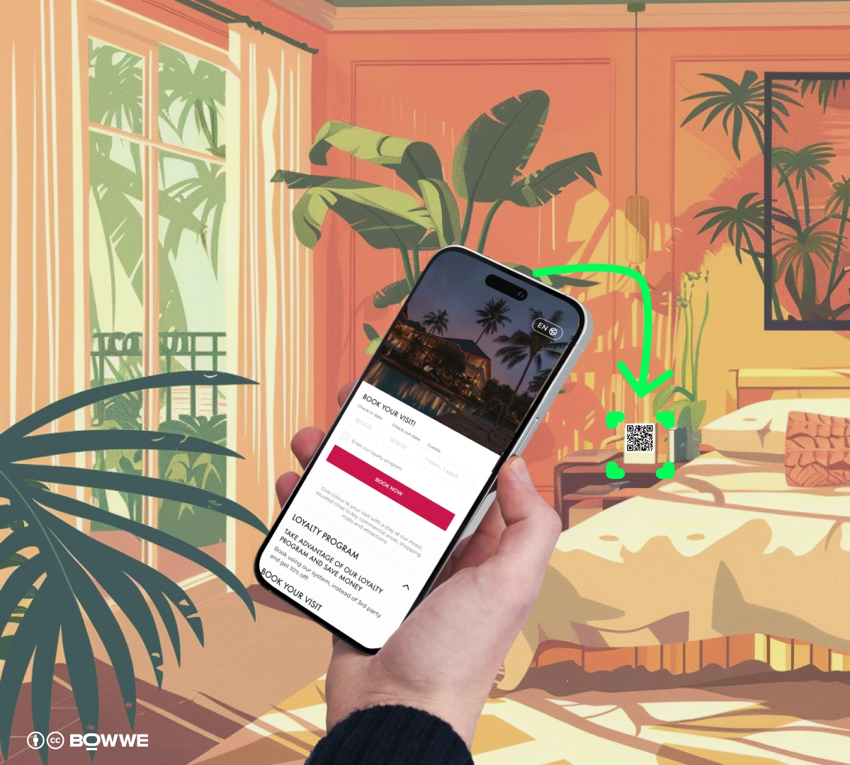 Рука держит телефон с приложением BOWWE Micro для отеля на экране с открытой формой бронирования