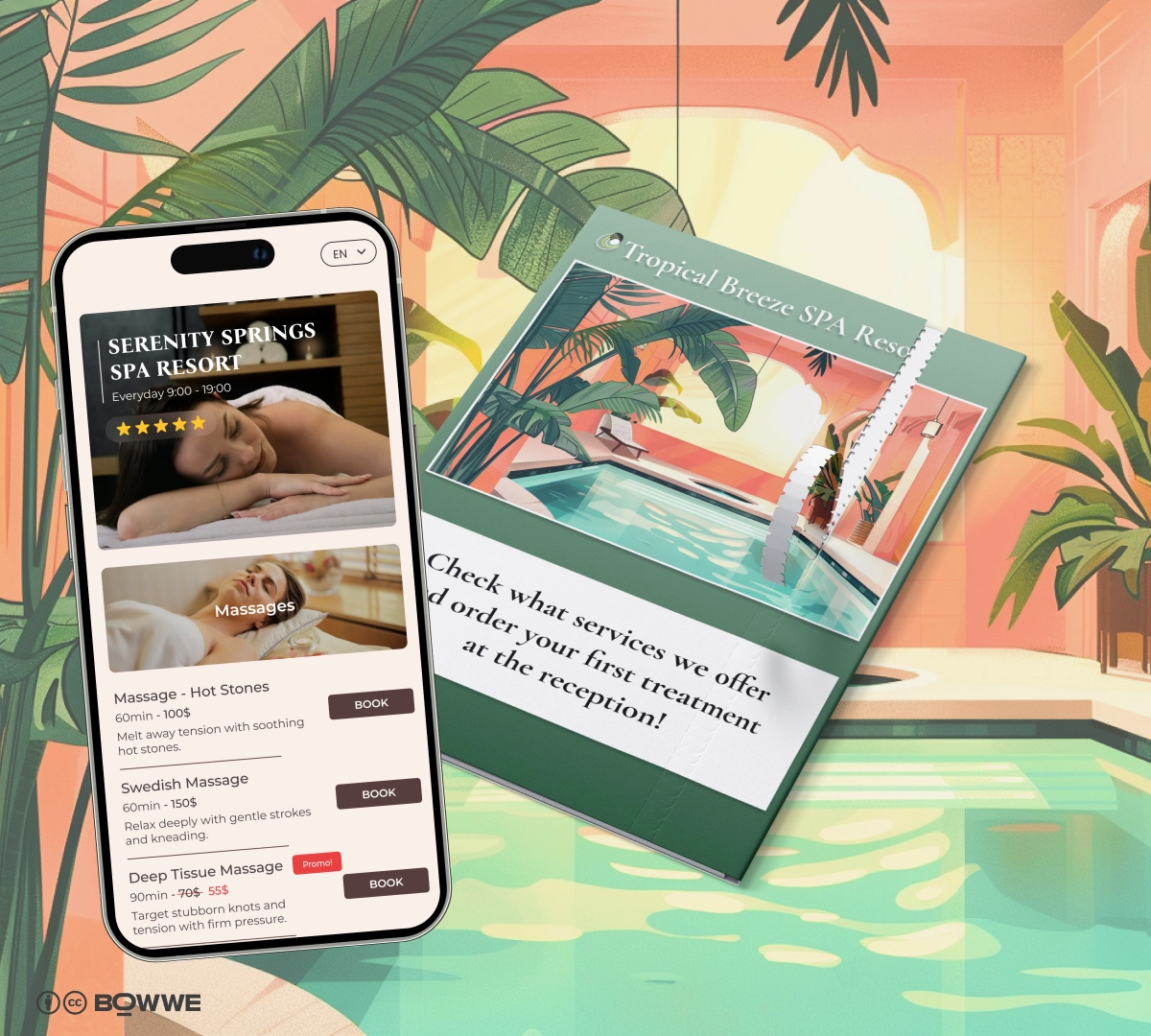 Mobile phone with Micro App with hotel spa offer open and paper offer of hotel SPA