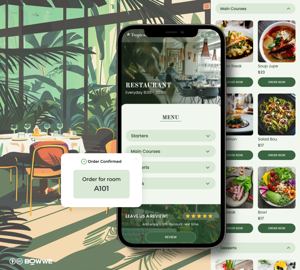 Mobile phone with hotel restaurant menu in BOWWE Micro App open and list of restaurant menu items next to it