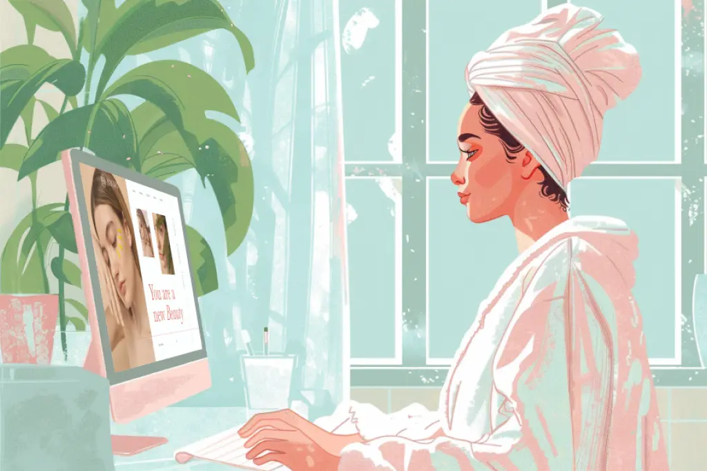 Женщина в халате и с полотенцем на голове просматривает компьютер с открытым сайтом СПА.