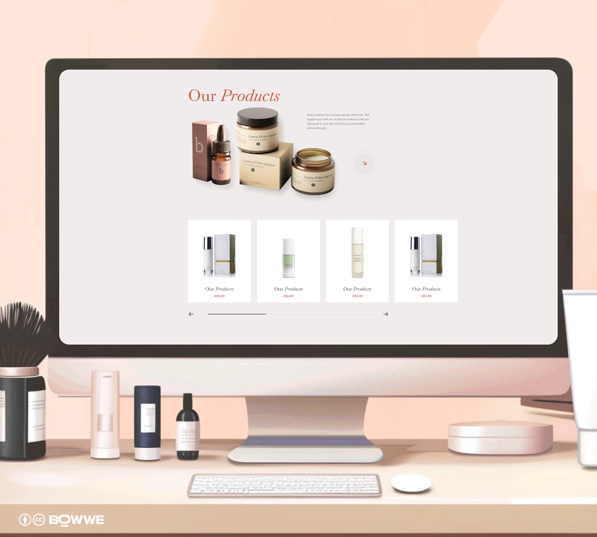 monitor with SPA website template with section "Online Shop"