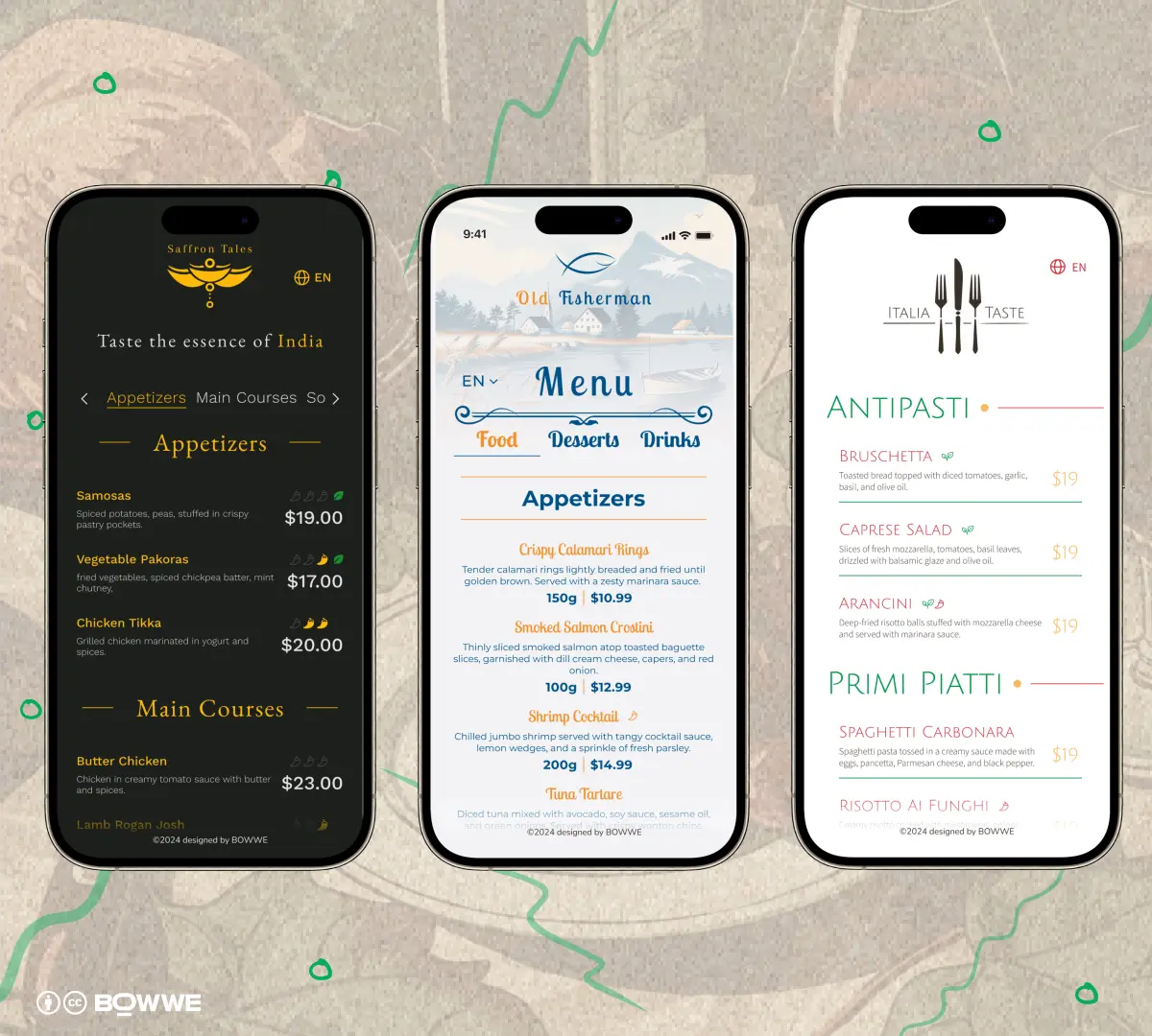 Modelli di menu del ristorante BOWWE tre stili di layout