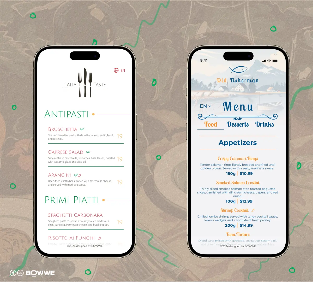 Modèles de menu de restaurant BOWWE avec deux styles de tarification