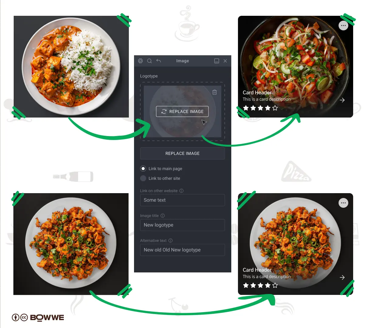 Modèle de menu du restaurant BOWWE avec modification des photos des plats