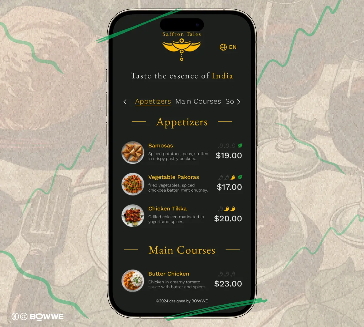 Aspecto final de la plantilla de menú del restaurante BOWWE para restaurante indio realizada con BOWWE Menu Creator