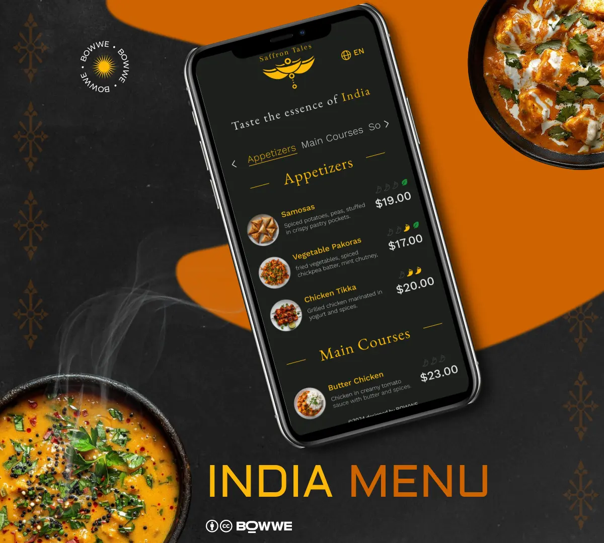 Mobile phone with menu template for Indian restaurant by BOWWE