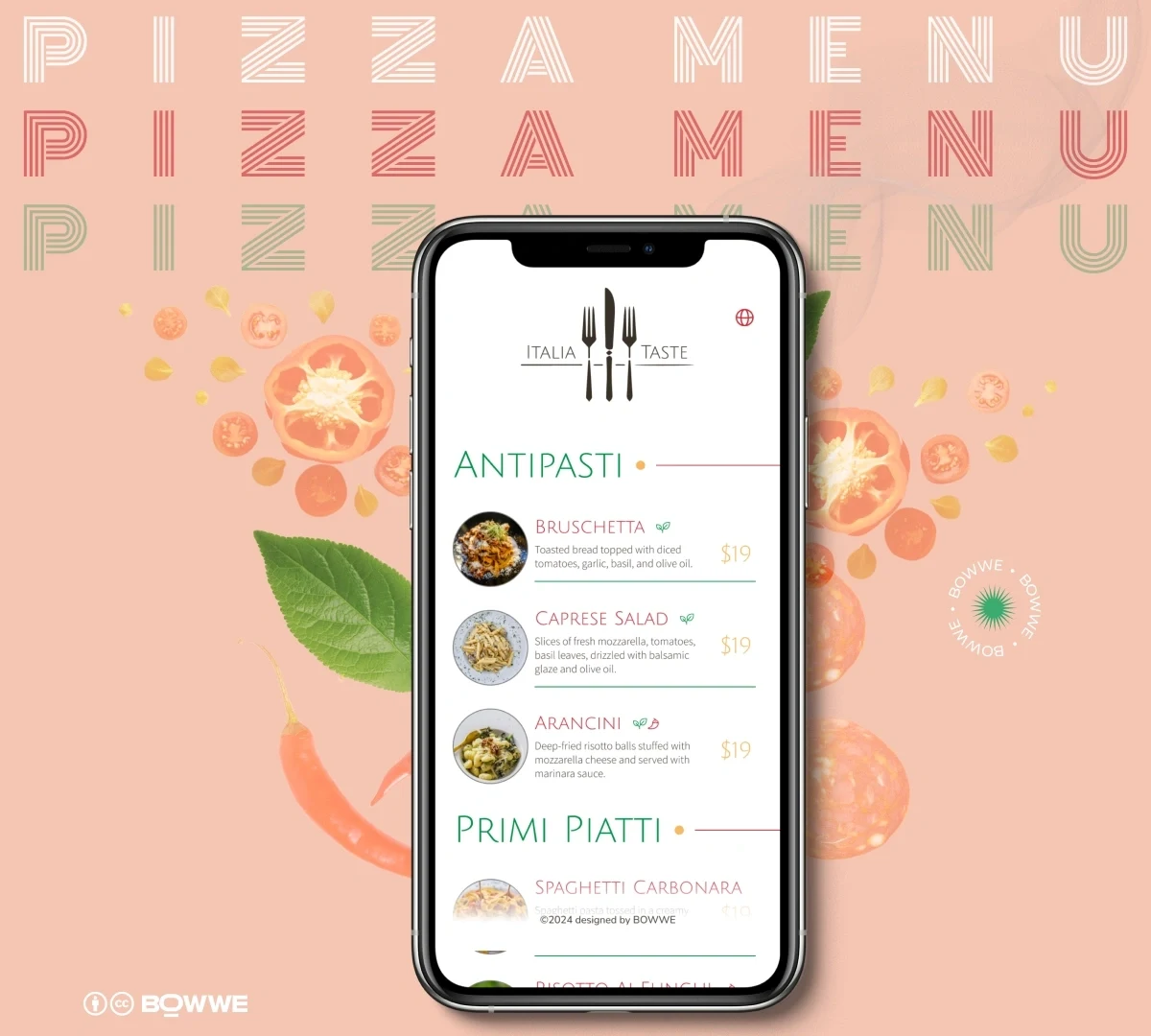 Telefon komórkowy z szablonem menu dla włoskiej restauracji firmy BOWWE