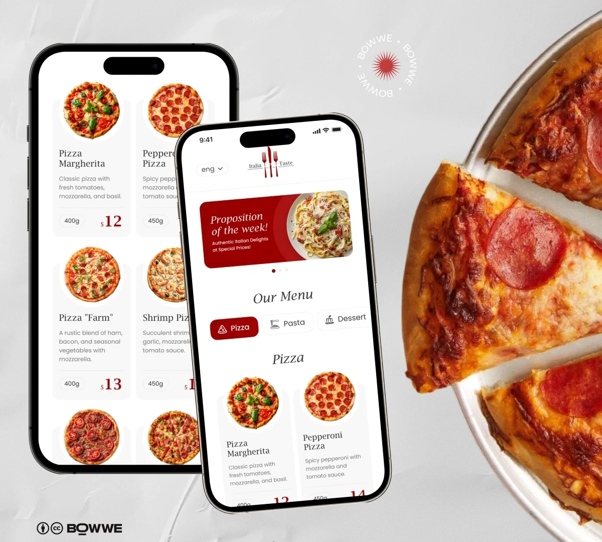 Celular com modelo de cardápio para pizzaria da BOWWE