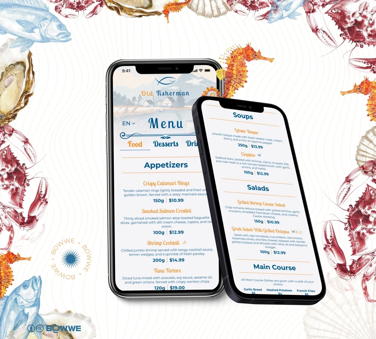 Mobile phone with menu template for seaside restaurant by BOWWE